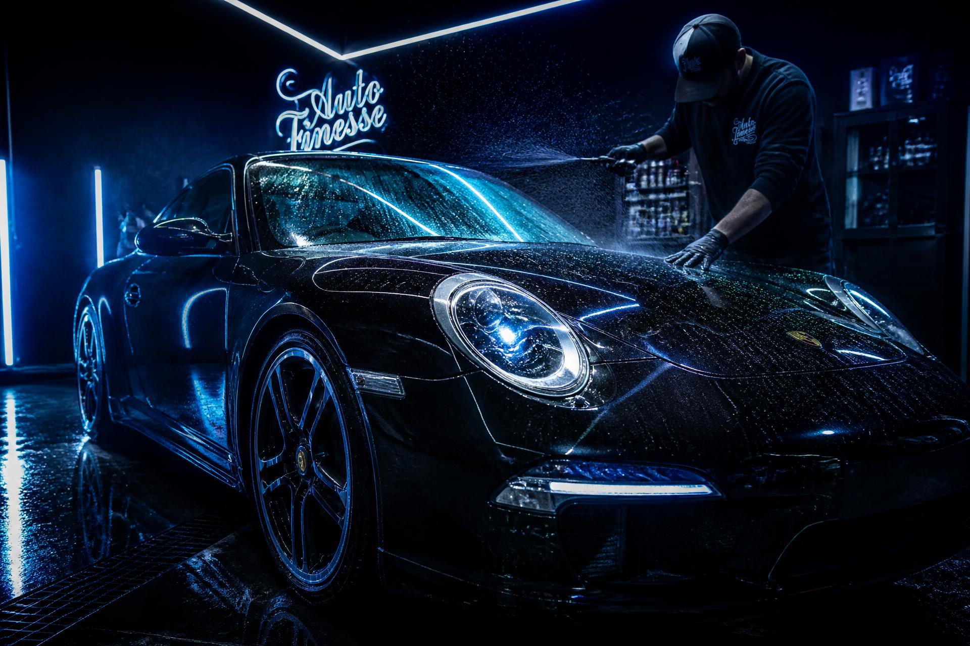 Luxury black sports car being professionally detailed
